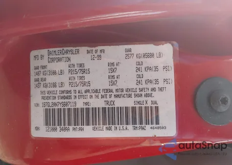 2000 Dodge Dakota Slt/Sport z USA, uszkodzony, nr VIN 1B7GL2AN7YS607119